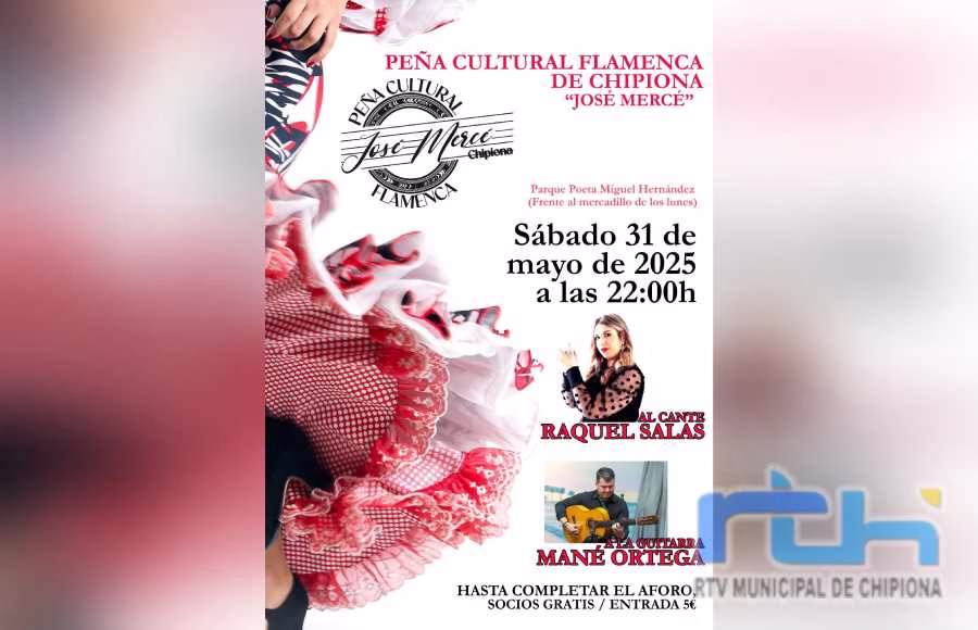 La Peña José Mercé de Chipiona ofrece este sábado un recital de cante de Raquel Salas con la guitarra de Mané Ortega