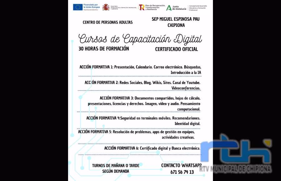 El Centro de Educación de Adultos de Chipiona oferta en julio un curso oficial de capacitación digital