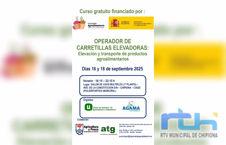 Recuerdan que en septiembre se impartirá en Chipiona un curso gratuito de manejo de carretillas elevadoras