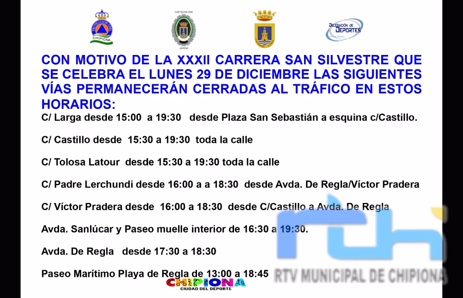 Cortes de tráfico en Chipiona por la XXXII Carrera San Silvestre el próximo lunes 29 de diciembre