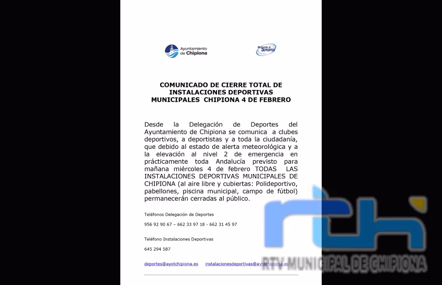 Las instalaciones deportivas municipales de Chipiona cerradas durante todo el día de hoy miércoles a causa del temporal