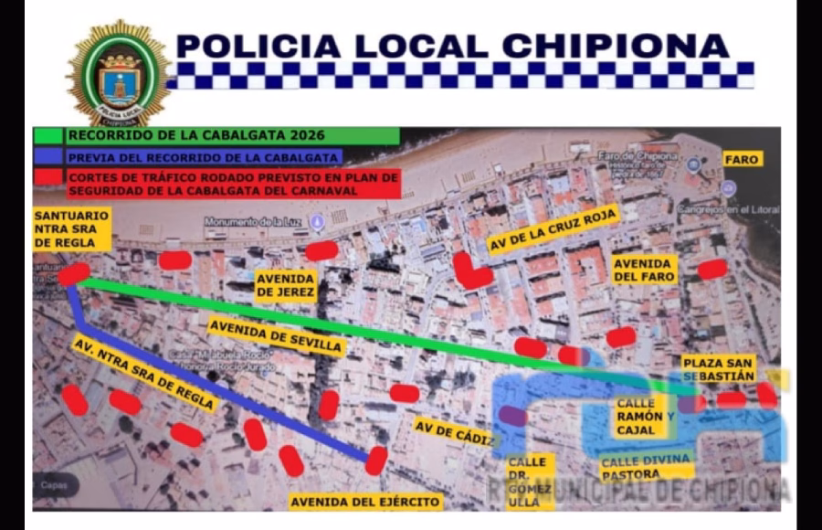 La Policía Local de Chipiona establece desde hoy cortes de tráfico y medidas de seguridad para el fin de semana y la cabalgata de Carnaval