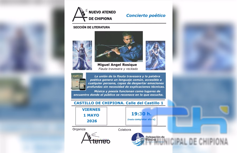 Nuevo Ateneo de Chipiona ofrecerá el 1 de mayo un concierto poético que fusiona flauta travesera y palabra escénica