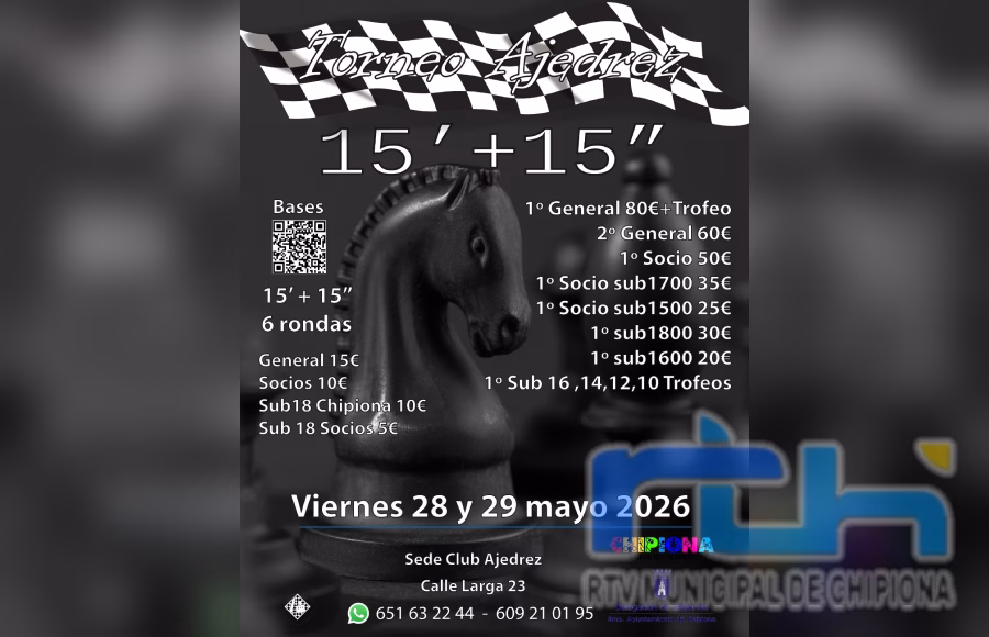 Aún es posible inscribirse en el torneo 15´+15” de ajedrez de que se disputa desde mañana en Chipiona