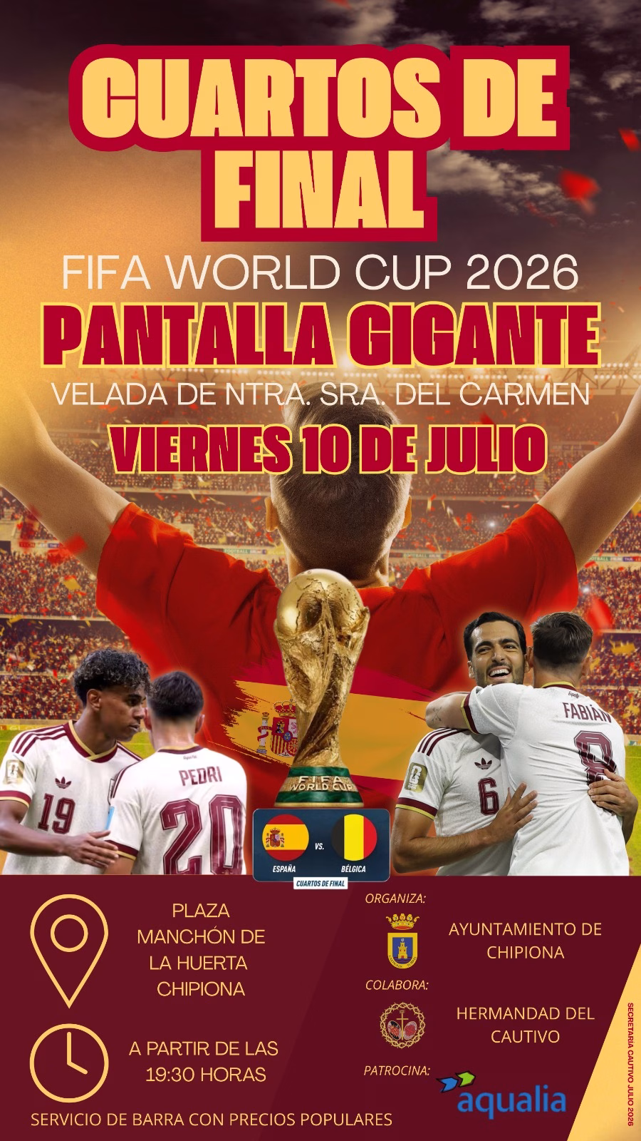 Anuncian la colocación de una pantalla gigante el viernes en la Velada del Carmen para ver el partido España-Bélgica del Mundial