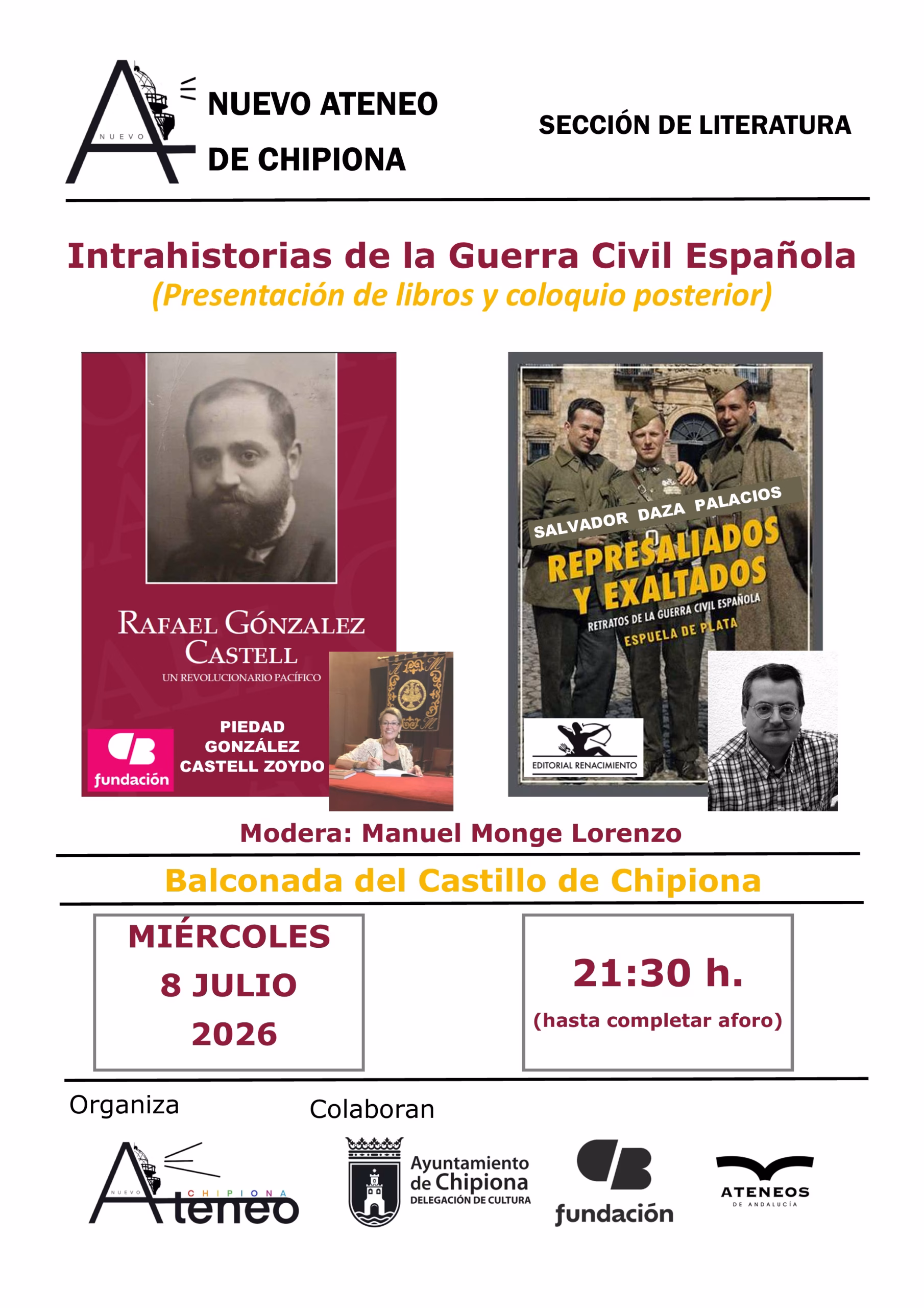Nuevo Ateneo de Chipiona celebra hoy una jornada literaria sobre la Guerra Civil Española con presentación de dos libros y coloquio