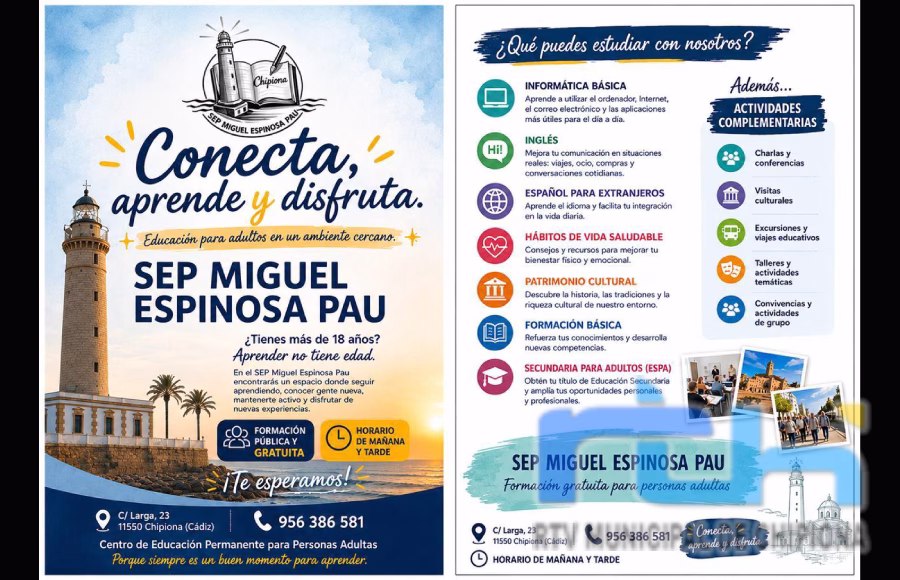 El Centro de Educación Permanente Miguel Espinosa Pau de Chipiona tiene abierta de nuevo la matriculación para el nuevo curso académico