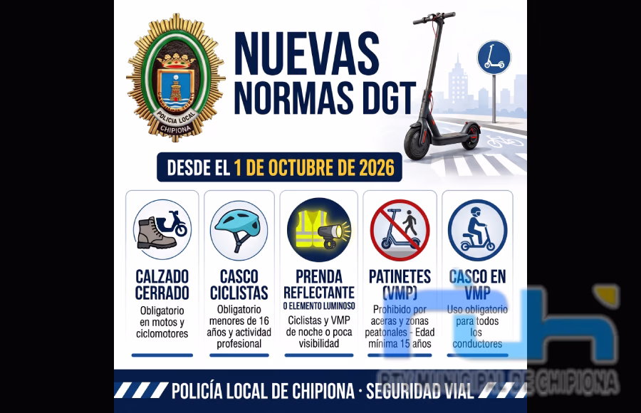 La Policía Local de Chipiona informa sobre las nuevas normas de tráfico para patinetes, bicicletas y motos desde el 1 de octubre