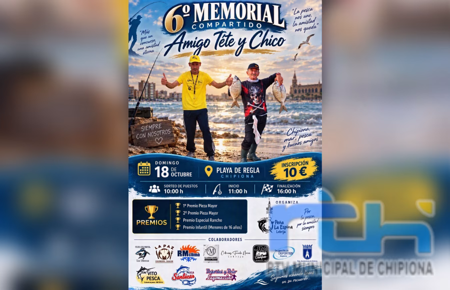 El 6º Memorial Compartido Amigo Tete y Chico reunirá a aficionados a la pesca en la playa de Regla de Chipiona el 18 de octubre