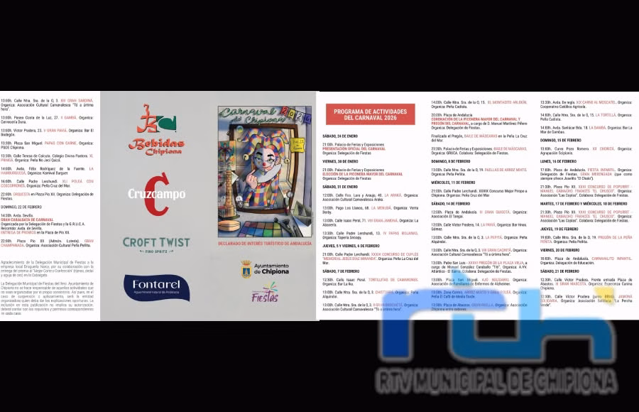 La Delegación de Fiestas abre el plazo para solicitar la inclusión de eventos en las publicaciones municipales del Carnaval de Chipiona 2027