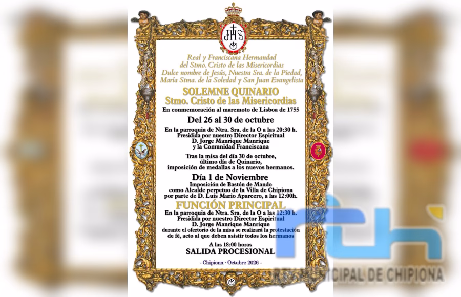 La Hermandad del Cristo da a conocer su programa de actos religiosos en torno a la conmemoración histórica del 1 de noviembre en Chipiona